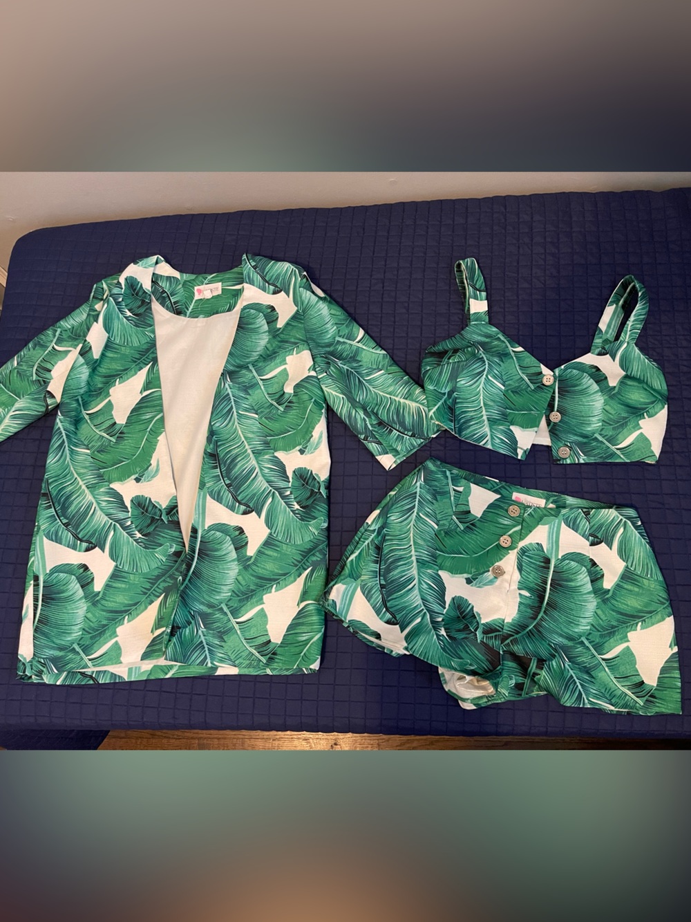 Tropical Palm Print 3-Piece Loungewear Set - Green & White